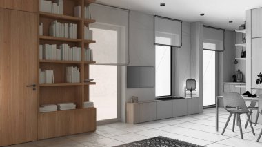 Mimari iç mimar konsepti: gerçek, oturma odası, beton döşemeler, kitap rafı, kitaplı dolaplar, tekerlekli jaluzili pencereler haline gelen el çizimi tamamlanmamış proje