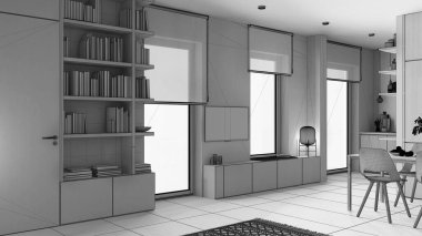 Tamamlanmamış proje taslağı, modern minimalist oturma odası, beton fayanslar, ahşap kitaplık, kitaplı dolaplar, tekerlekli jaluzili pencereler, çağdaş iç mimari tasarım