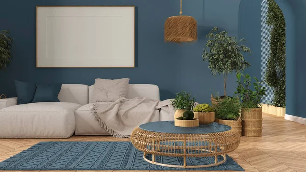 Scandinavian Wooden Living Room Blue Tones Parquet Carpet Frame Mockup — 스톡 사진