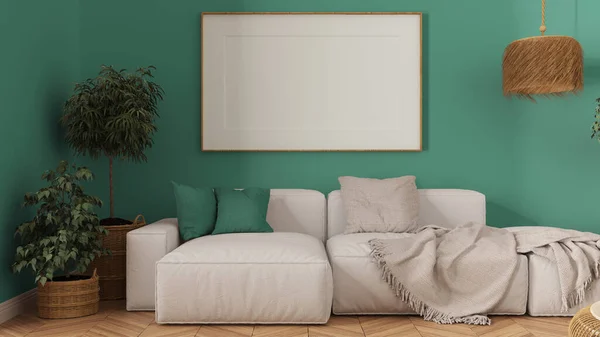 Wooden Scandinavian Living Room Close Turquoise Tones Frame Mockup Copy — Stock Photo, Image