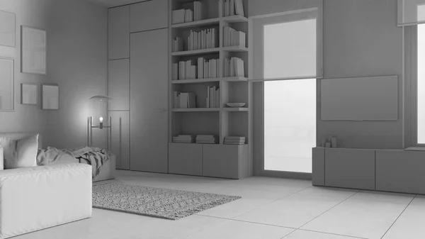 Całkowity Projekt Biały Nowoczesny Minimalistyczny Salon Betonowe Płytki Sofa Dywan — Zdjęcie stockowe