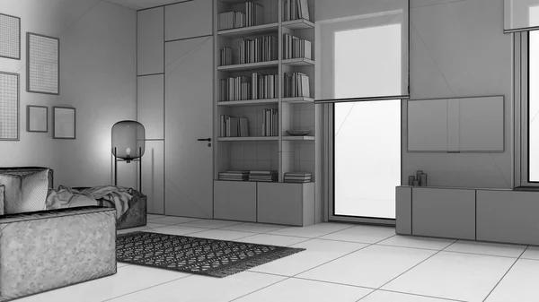 Unfertiger Projektentwurf Modernes Minimalistisches Wohnzimmer Betonfliesen Sofa Teppich Glaslampe Gestell — Stockfoto