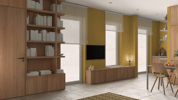 Modern Minimalist Living Room Yellow Tones Concrete Tiles Wooden Bookshelf — 스톡 사진