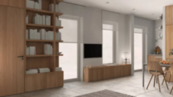 Blur Background Modern Minimalist Living Room Concrete Tiles Wooden Bookshelf — 스톡 사진