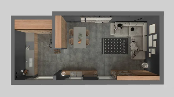 Modern Minimalist Living Room Kitchen Gray Tones Concrete Tiles Sofa — Stock Photo, Image