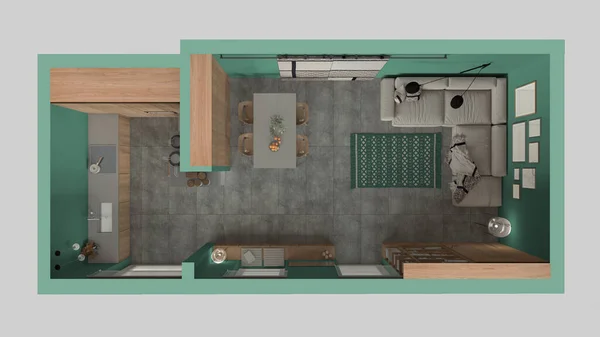 Modern Minimalist Living Room Kitchen Turquoise Tones Concrete Tiles Sofa — стоковое фото