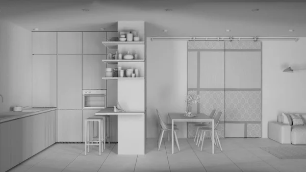 Borrador Proyecto Blanco Total Moderna Sala Estar Minimalista Cocina Sofá — Foto de Stock