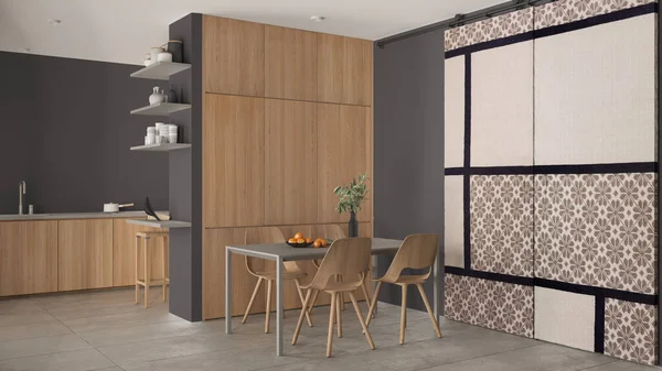Minimalist, ahşap yemek odası ve mutfak gri tonlarda, beton fayanslar, sandalyeli masa, ahşap dolaplar ve raflar, kumaş sürgülü kapı. Mimari iç tasarım