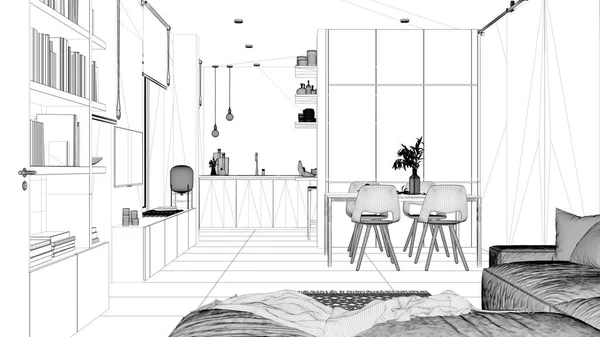 蓝图项目草案 简约客厅和厨房 混凝土瓷砖 木制书架和橱柜 滑动门 建筑室内设计 — 图库照片