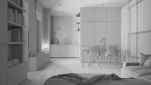 Progetto Total White Soggiorno Cucina Minimalisti Piastrelle Calcestruzzo Divano Tavolo — Foto Stock