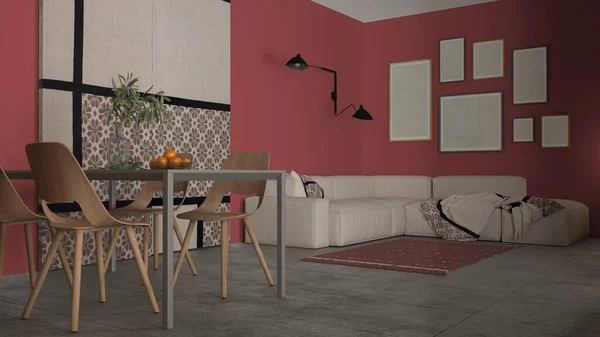 Minimalist Cozy Living Dining Room Red Tones Modern Table Wooden — ストック写真