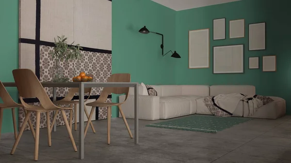 Minimalistische Gezellige Woon Eetkamer Turquoise Tinten Moderne Tafel Met Houten — Stockfoto