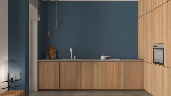 带有蓝色色调的现代简约木制厨房 带有偷拍的水龙头 带锅的感应吸盘 带有玻璃灯的长椅 大理石顶和混凝土瓷砖 舒适的室内设计 — 图库照片