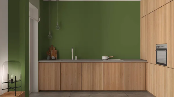 Moderne Minimalistische Holzküche Grüntönen Spüle Mit Wasserhahn Induktionskochfeld Mit Topf — Stockfoto