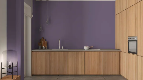 Moderne Minimalistische Holzküche Violetten Tönen Spüle Mit Wasserhahn Induktionskochfeld Mit — Stockfoto