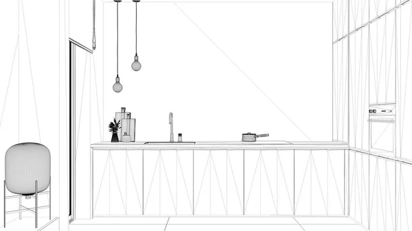 Blueprint Project Draft Modern Minimalist Wooden Kitchen Sink Steal Tap — ストック写真