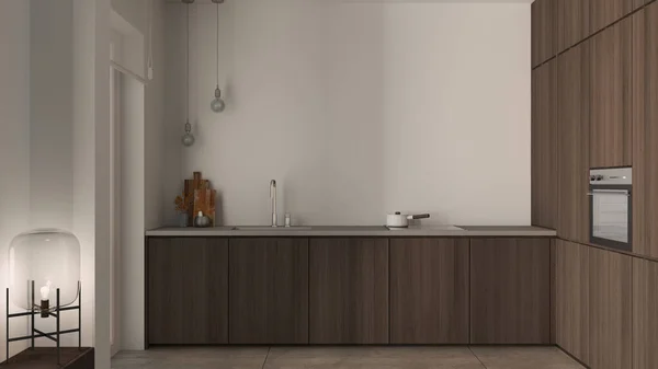 Moderna Cocina Minimalista Madera Tonos Oscuros Fregadero Con Grifo Robo —  Fotos de Stock