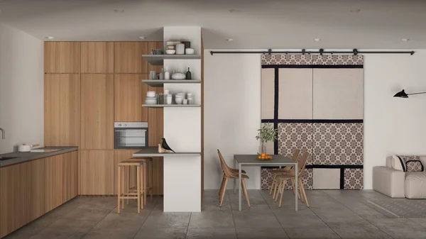 Modern Minimalist Oturma Odası Mutfak Beyaz Tonlarda Beton Fayanslar Kanepe — Stok fotoğraf