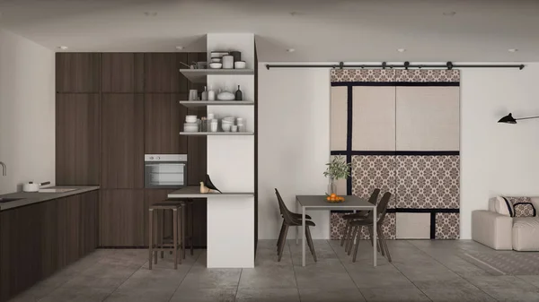 Modern Minimalist Oturma Odası Mutfak Koyu Tonlarda Beton Fayanslar Kanepe — Stok fotoğraf