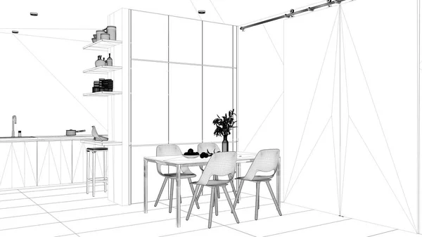 Blueprint Project Draft Minimalist Modern Wooden Dining Room Kitchen Concrete — Stock Photo, Image