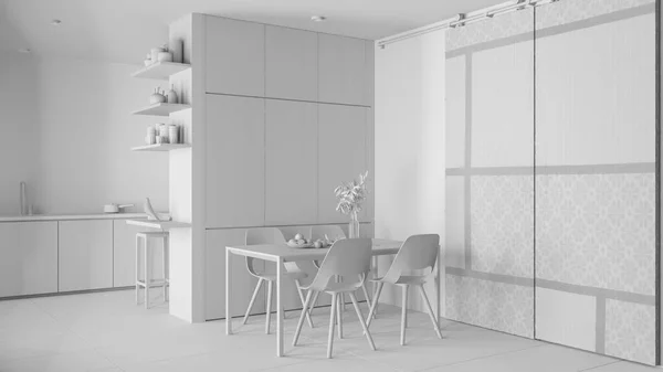 Total White Project Draft Minimalist Modern Wooden Dining Room Kitchen — Stock Photo, Image