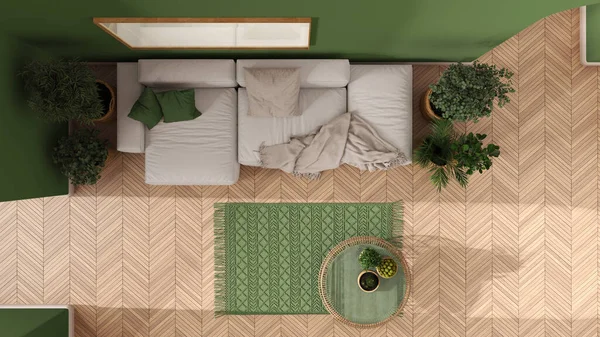 Scandinavian Nordic Living Room Green Tones Herringbone Parquet Floor Sofa — стоковое фото