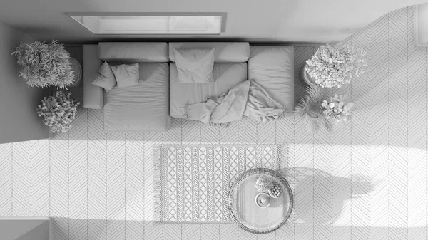 Total White Project Draft Scandinavian Nordic Living Room Parquet Floor — ストック写真