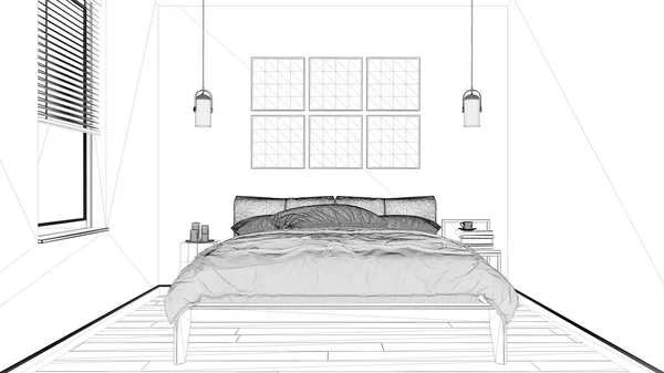 蓝图项目草案 简约的卧室风格的丑闻 双人床与羽绒被 枕头和毛毯 框架模型 灯具和侧桌 现代室内设计 — 图库照片