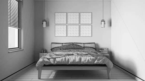 Незавершенный Проект Проекта Проект Минималистская Спальня Скандинавском Стиле Двуспальная Кровать — стоковое фото