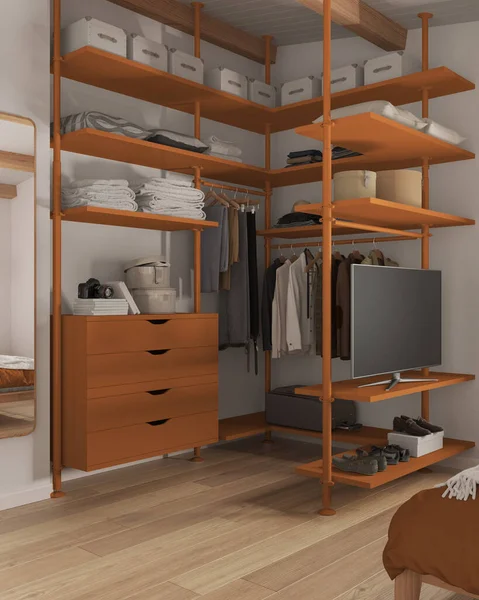 Modern Minimalist Bedroom Walk Closet Close Orange Tones Mirror Parquet — Stock Photo, Image