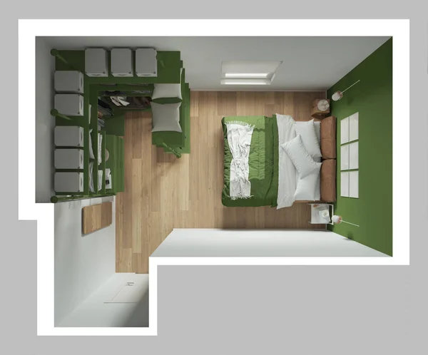 Modern Minimalist Bedroom Green Tones Walk Closet Parquet Floor Bed — стоковое фото