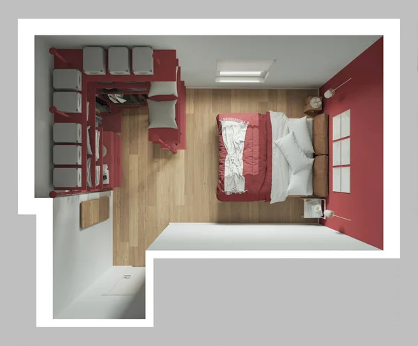 현대의 미니멀리즘의 침실은 색이며 응접실 턱시도 베개가 블라인드와 블라인드로 현대의 — 스톡 사진