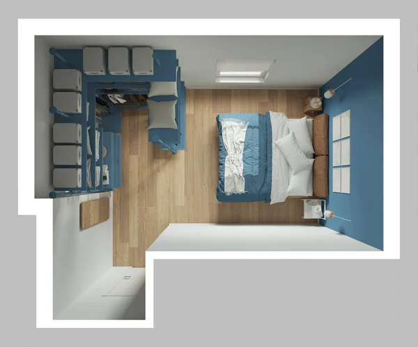 Современная Минималистская Спальня Синих Тонах Входной Дверью Паркетным Полом Кроватью — стоковое фото