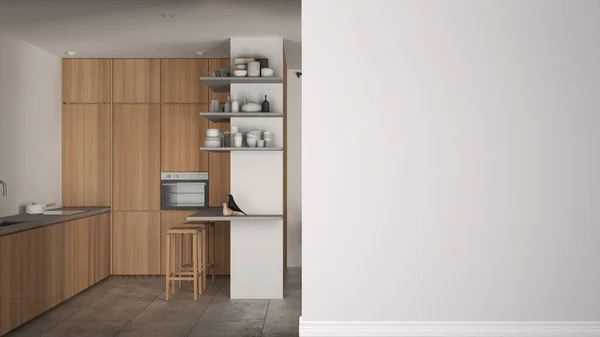 舒适舒适的现代木制厨房 有餐厅岛 有凳子 混凝土瓷砖地板 室内设计理念 概念与复制空间 空白背景 — 图库照片