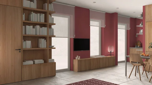 Modern Minimalist Living Room Red Tones Concrete Tiles Wooden Bookshelf — 스톡 사진