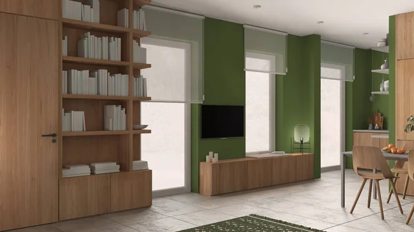 Modern Minimalist Living Room Green Tones Concrete Tiles Wooden Bookshelf — 스톡 사진