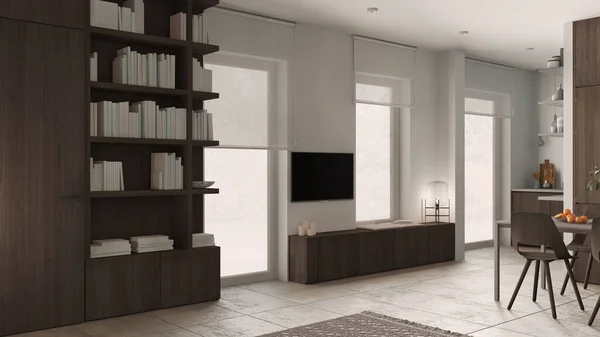 Modern Minimalist Living Room Dark Tones Concrete Tiles Wooden Bookshelf — 스톡 사진