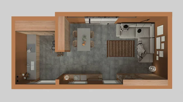 Modern Minimalist Living Room Kitchen Orange Tones Concrete Tiles Sofa — стоковое фото