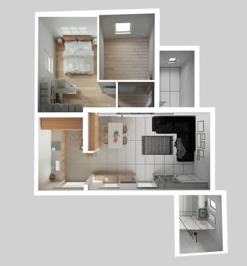 Mimari iç mimar konsepti: gerçek hale gelen el çizimi taslak proje, daire, üst görünüm, plan yukarıda. Yemek odası, yatak odası ve banyosu olan mutfak.