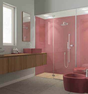 Kırmızı ve ahşap tonlarda modern banyo, beton fayanslar döşeme, fayanslar ve spot ışıklarıyla büyük duş, aynalı lavabo, seramik tuvalet ve bide. Minimalist iç tasarım