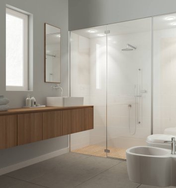 Modern bathroom in white and wooden tones, concrete tiles floor, large shower with tiles and spotlight, washbasin with mirror, ceramic toilet and bidet. Minimalist interior design