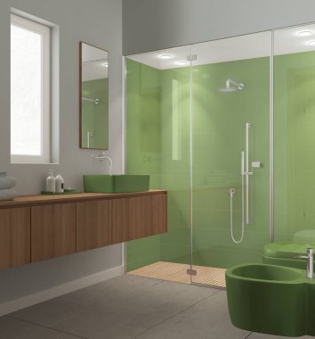 Modern banyo yeşil ve ahşap tonlarda, beton fayanslar zeminde, fayanslarla ve spot ışıklarıyla büyük bir duş, aynalı lavabo, seramik tuvalet ve bide. Minimalist iç tasarım