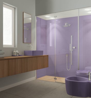 Mor ve ahşap tonlarda modern banyo, beton fayanslar döşeme, fayanslarla ve spot ışıklarıyla büyük duş, aynalı lavabo, seramik tuvalet ve bide. Minimalist iç tasarım