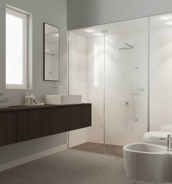Modern banyo koyu ahşap tonlarda, beton fayanslar zeminde, fayanslarla ve spot ışıklarıyla büyük bir duş, aynalı lavabo, seramik tuvalet ve bide. Minimalist iç tasarım