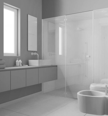 Tamamen beyaz proje taslak, modern banyo, spa, beton döşeme, fayanslı büyük duş, spot ışığı, aynalı lavabo, seramik tuvalet ve bide. Minimalist iç tasarım