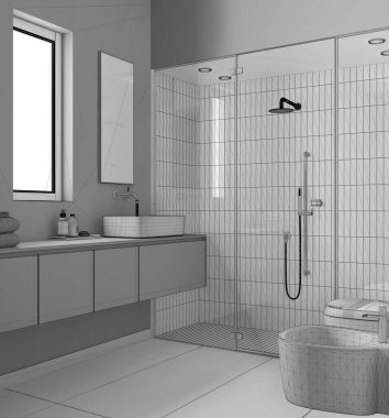 Tamamlanmamış proje taslağı, modern banyo, spa, beton döşeme, fayanslı büyük duş, spot ışığı, aynalı lavabo, seramik tuvalet ve bide. Minimalist iç tasarım
