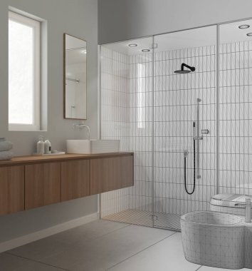 Architect interior designer concept: hand-drawn draft unfinished project that becomes real, bathroom, spa, concrete tiles floor, large shower with tiles, spotlight, washbasin
