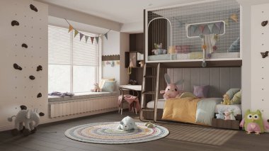 Yatak odası koyu renk ahşap ve pastel tonlarda, parke zemin, jaluzili büyük pencere, masa, oyuncaklı halı, yastıklı yatak. İç tasarım