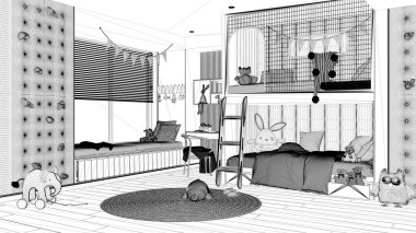 Proje taslağı, ranzalı modern çocuk odası, parke zemin, jaluzili büyük pencere, masa, oyuncaklı halı, yastıklı yatak ve yorgan. İç tasarım