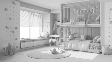 Tamamen beyaz proje taslak, ranzalı modern çocuk odası, parke zemin, jaluzili büyük pencere, masa, oyuncaklı halı, yastıklı yatak ve yorgan. İç tasarım